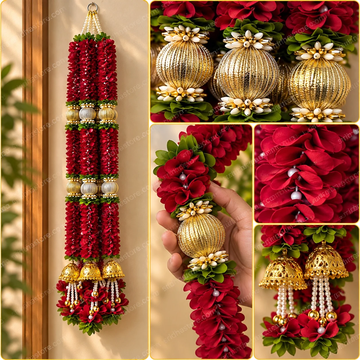 Burgundy floral hanging with gold-tone jhumka bells close-up