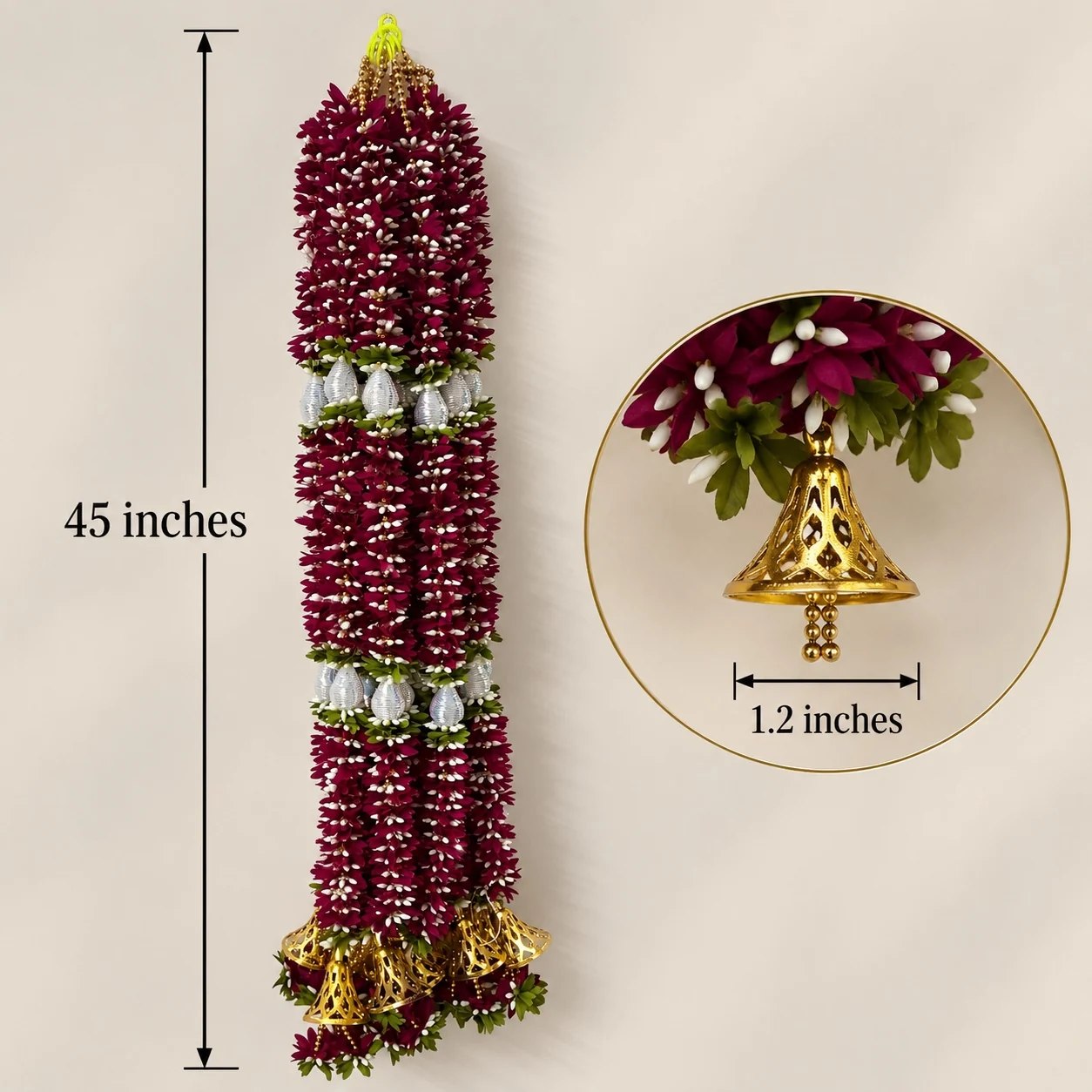 Premium Burgundy Floral & Silver Bead Gold Bell Latkan