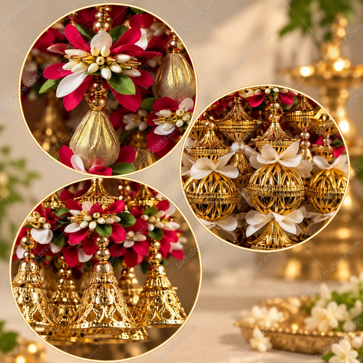 Close-up collage of ivory and burgundy artificial flowers with gold decorative details