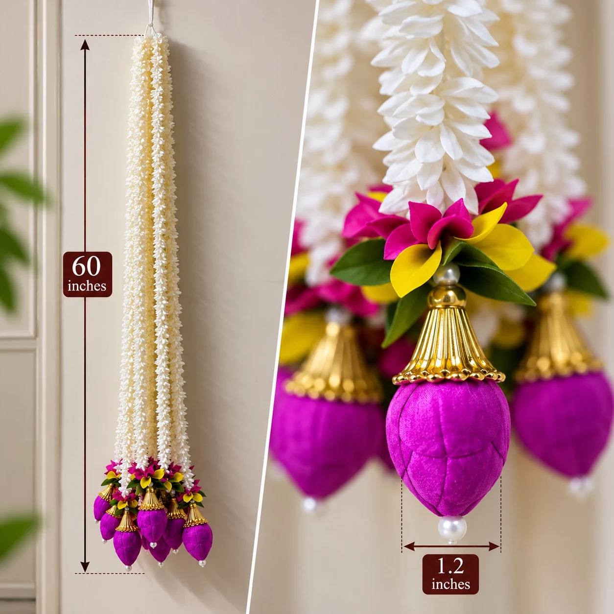 Premium Ivory Jasmine & Magenta Lotus Bud Latkan (60 Inches)