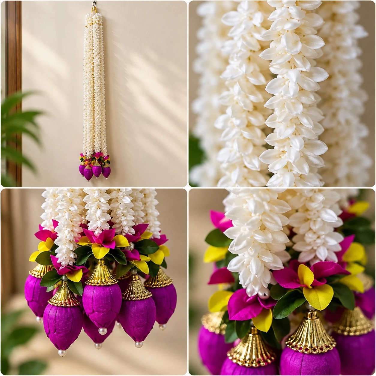 Ivory white artificial floral latkan with magenta lotus bud-style tassels
