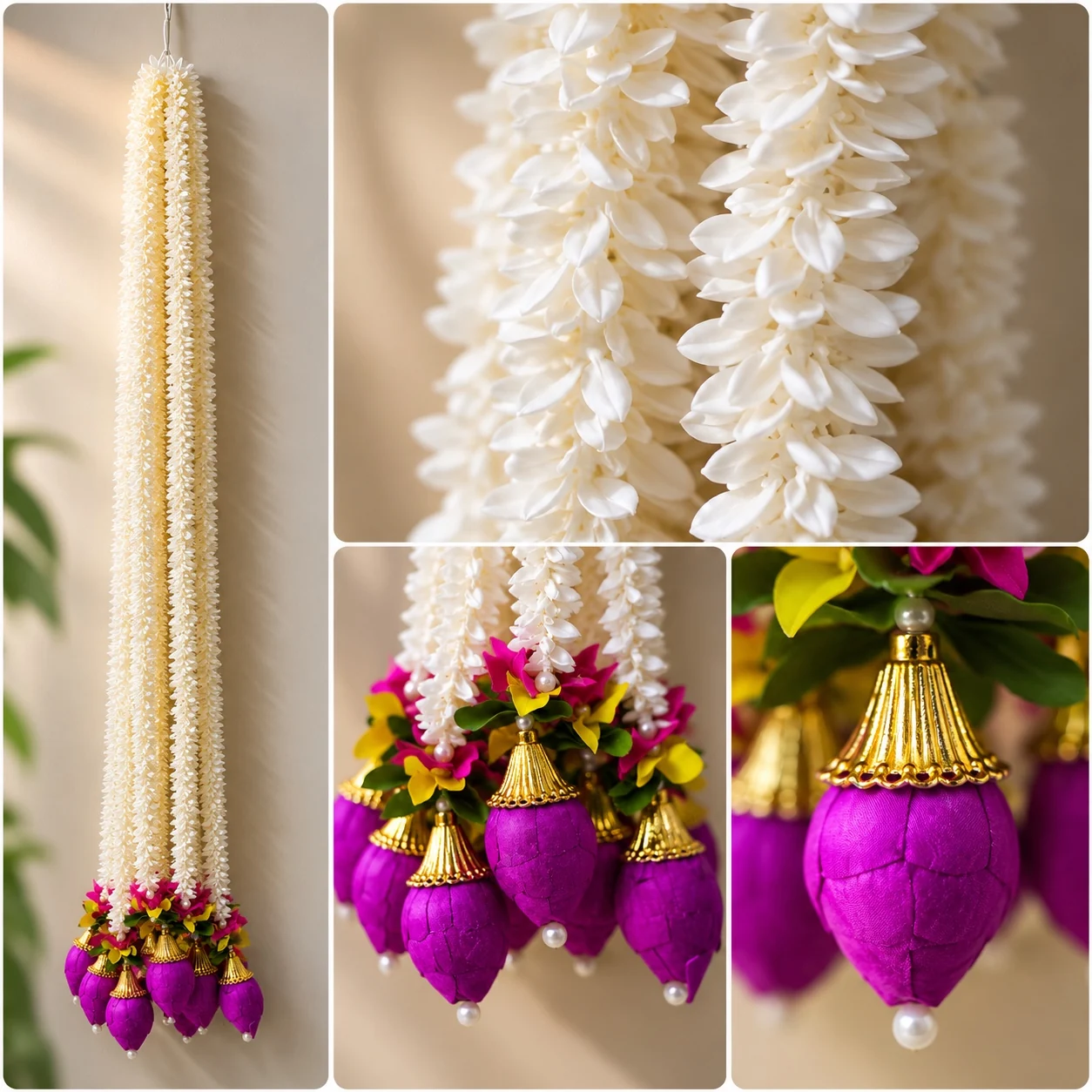 Ivory white artificial floral latkan with magenta lotus bud-style tassels