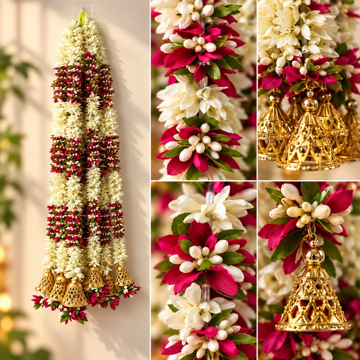 Premium Ivory and Magenta Floral Bell Latkan with gold-tone bells