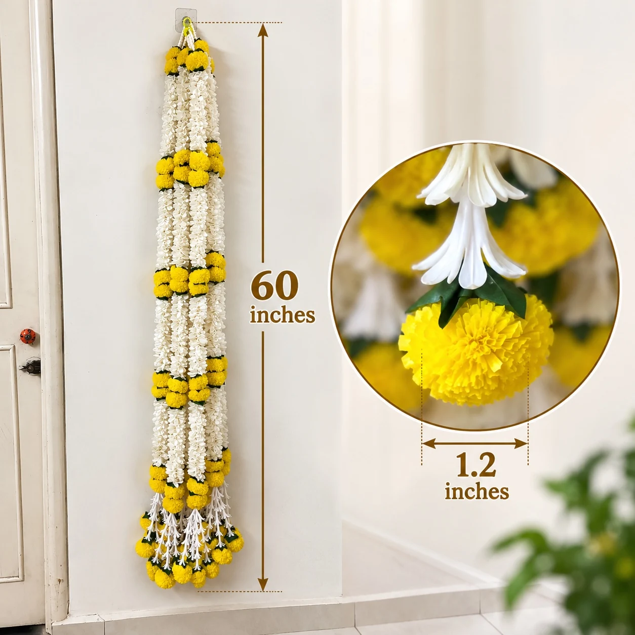 Premium Ivory & Yellow Marigold Floral Latkan (60 Inches)