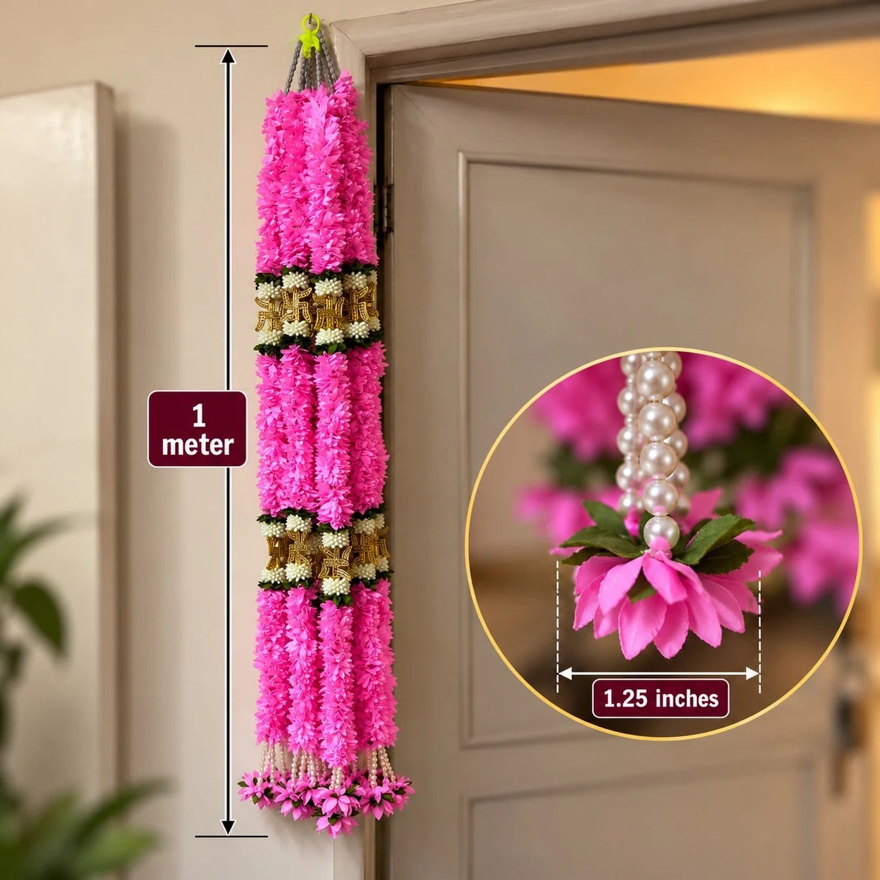 Pink floral latkan length and hanging tassel detail