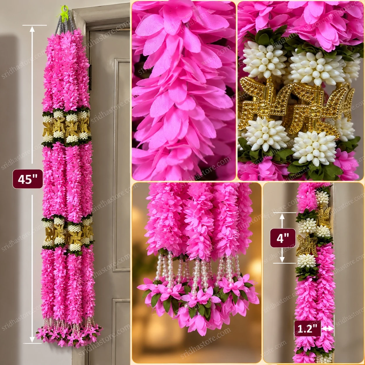 Pink flower and gold-tone swastik motif close-up