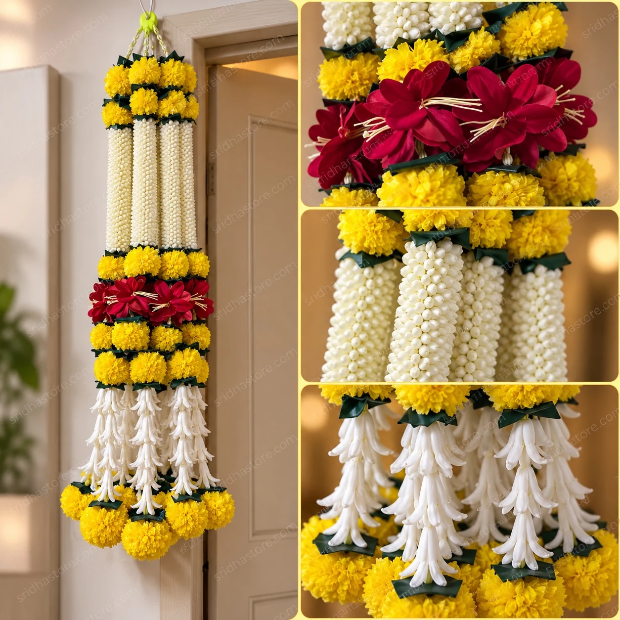 Yellow marigold-style and ivory floral hanging close-up