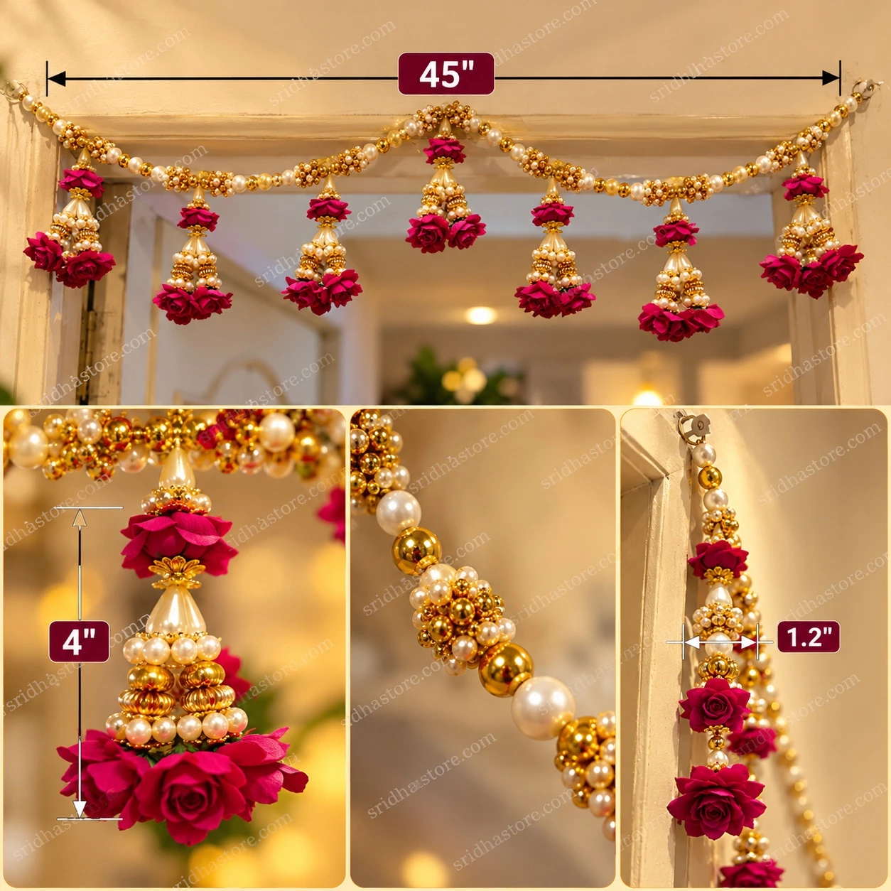 Magenta rose pearl-look beaded doorway toran