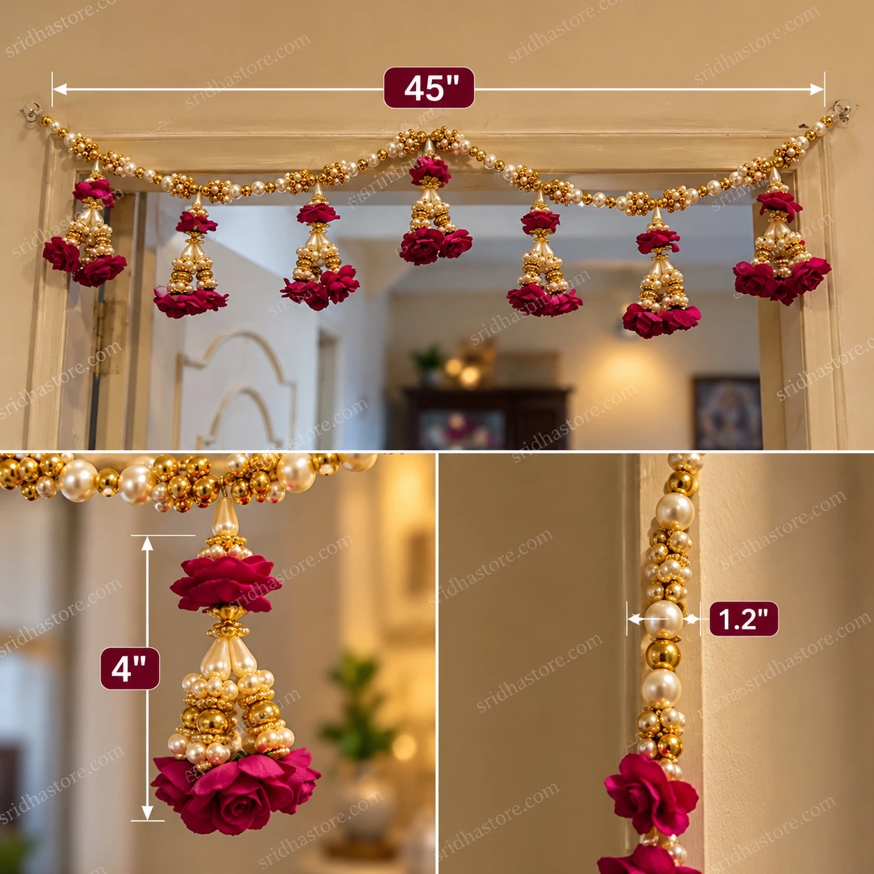 Rose and pearl-look toran displayed across a doorway